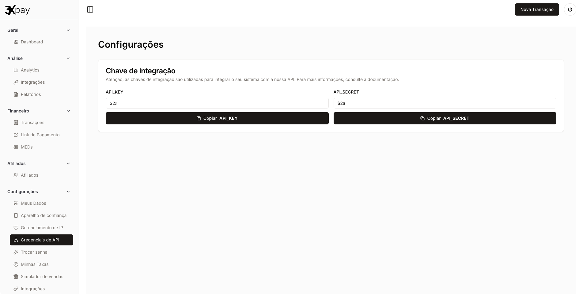 Tela de geração de chaves