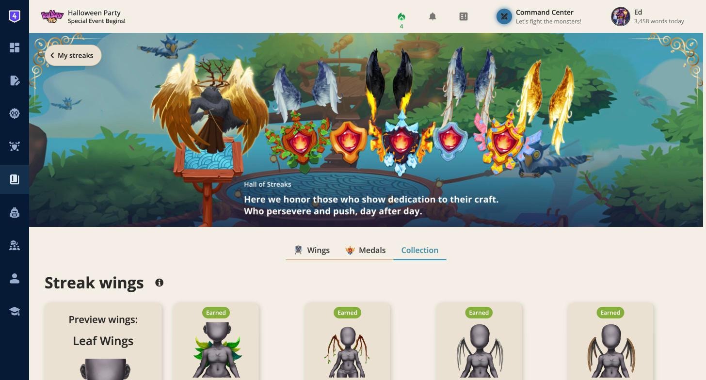 The Collection tab listing every set of streak wings with Earned badges on the ones you own