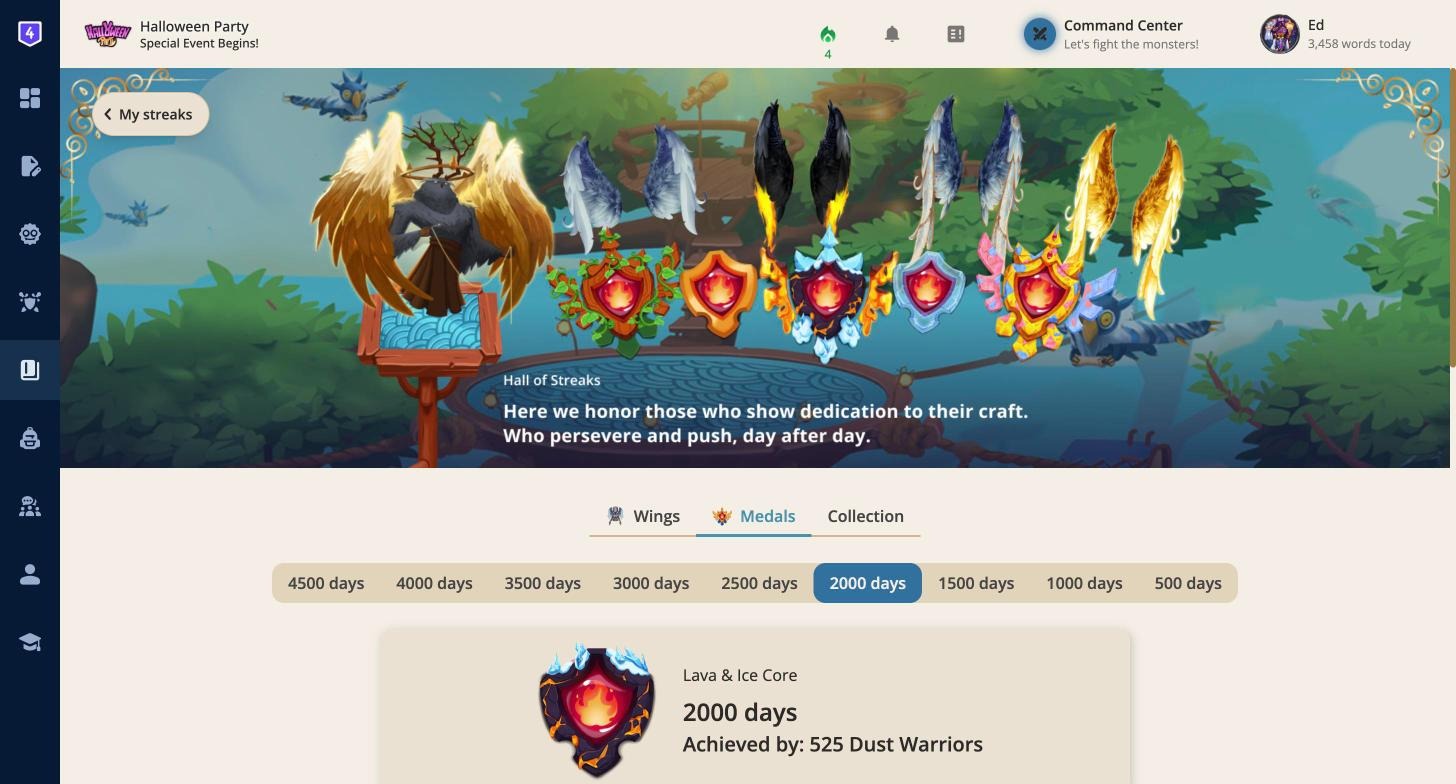 The Hall of Streaks on the Medals tab with the tiers from 500 to 4500 days and the Lava and Ice Core medal
