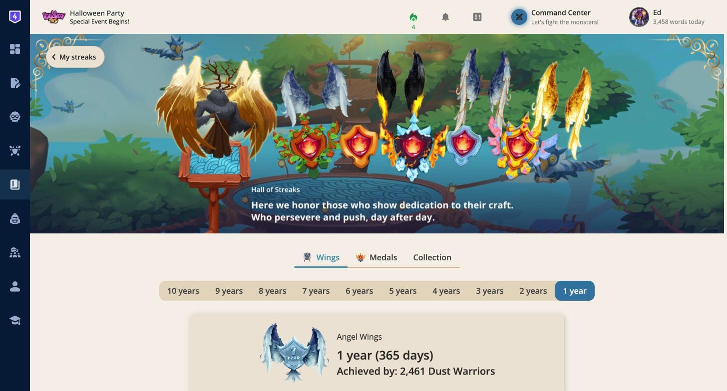 The Hall of Streaks on the Wings tab with the year tiers, the Angel Wings 1 year card and how many Dust Warriors reached it
