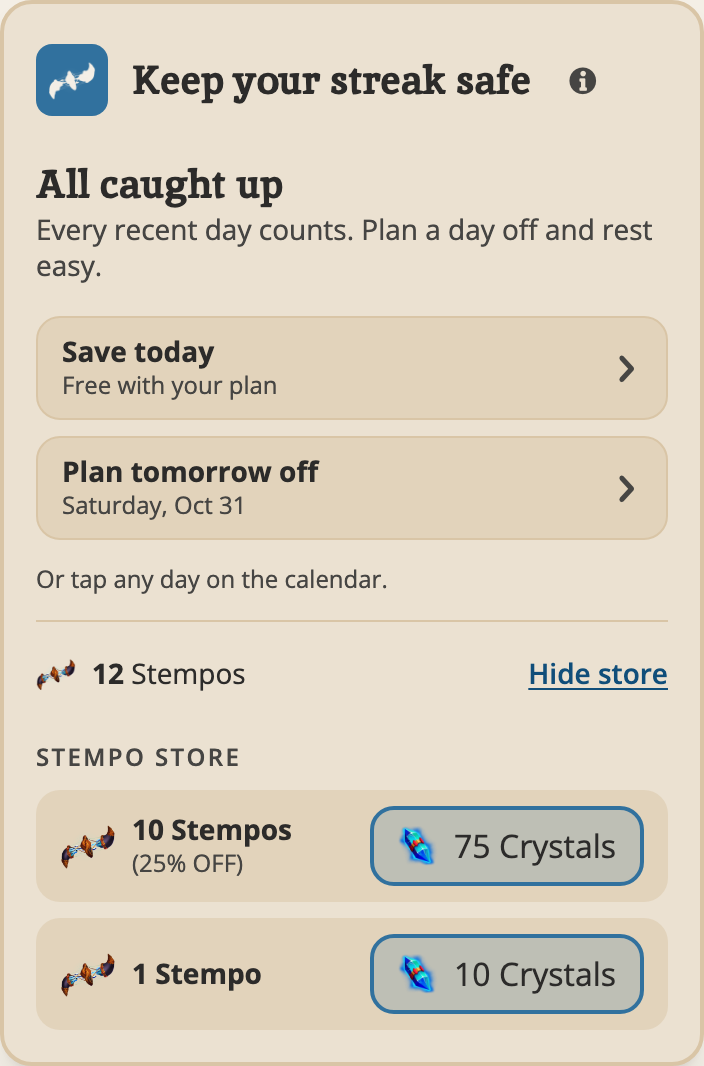 The save card with the Stempo Store open: a 10-Stempo bundle at 25% off and a single Stempo, priced in Crystals