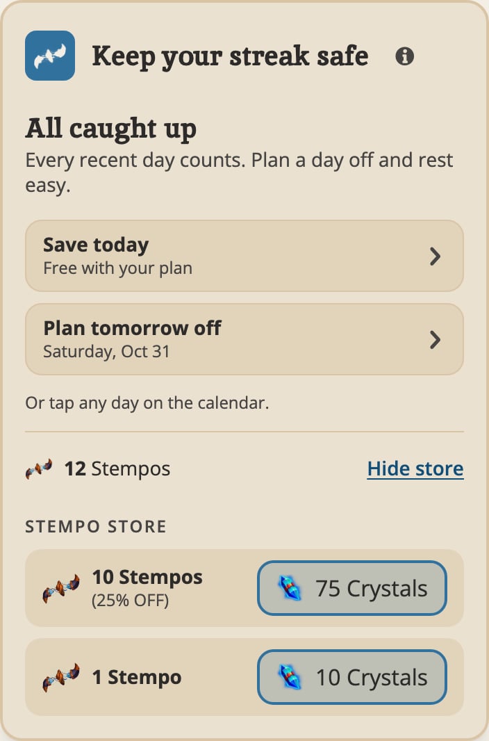 The save card with the Stempo Store open: a 10-Stempo bundle at 25% off and a single Stempo, priced in Crystals