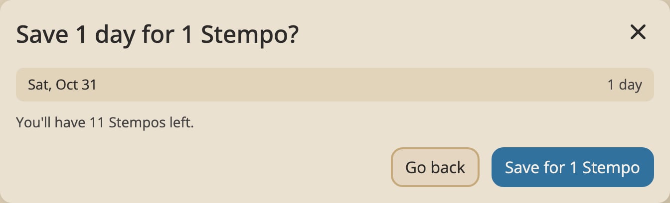 The confirmation window: Save 1 day for 1 Stempo, with the day listed, how many Stempos are left, and Go back and Save buttons