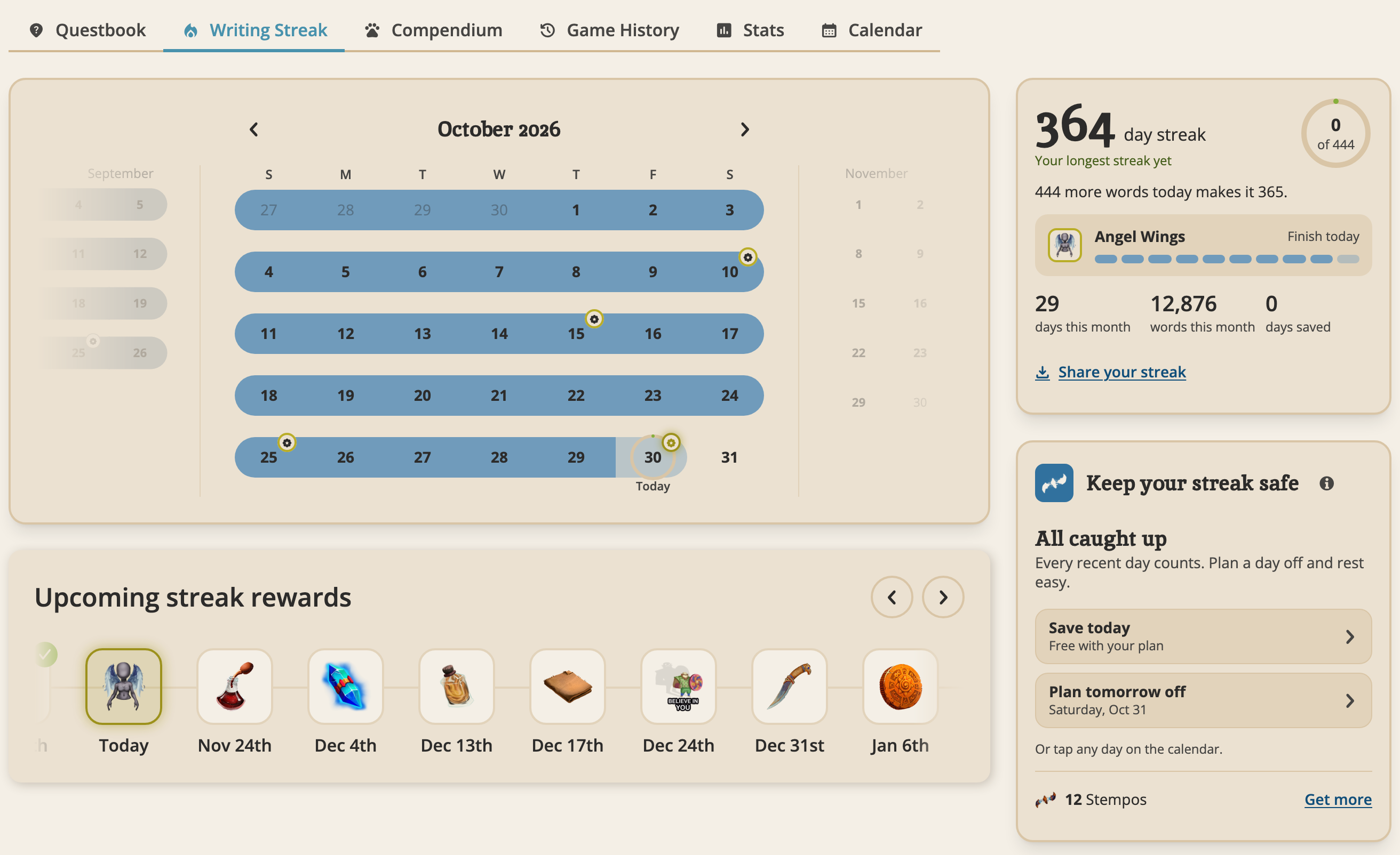 The Writing Streak page with the calendar, the streak card with today's 444-word ring, the save card and the upcoming streak rewards