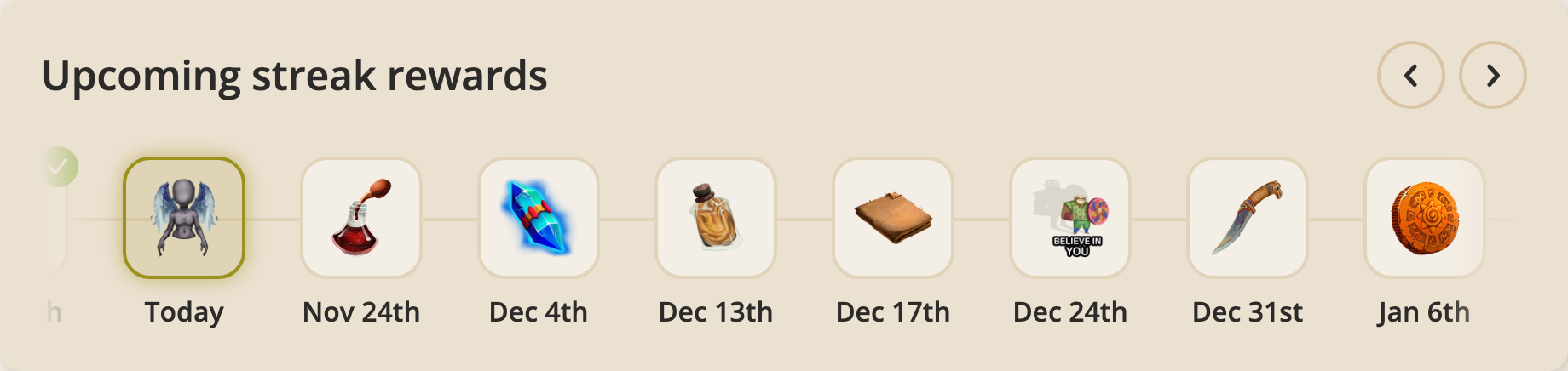 Upcoming streak rewards showing items, dates, and milestone rewards