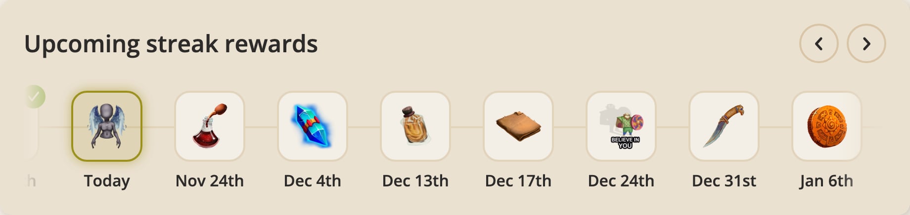 Upcoming streak rewards showing items, dates, and milestone rewards