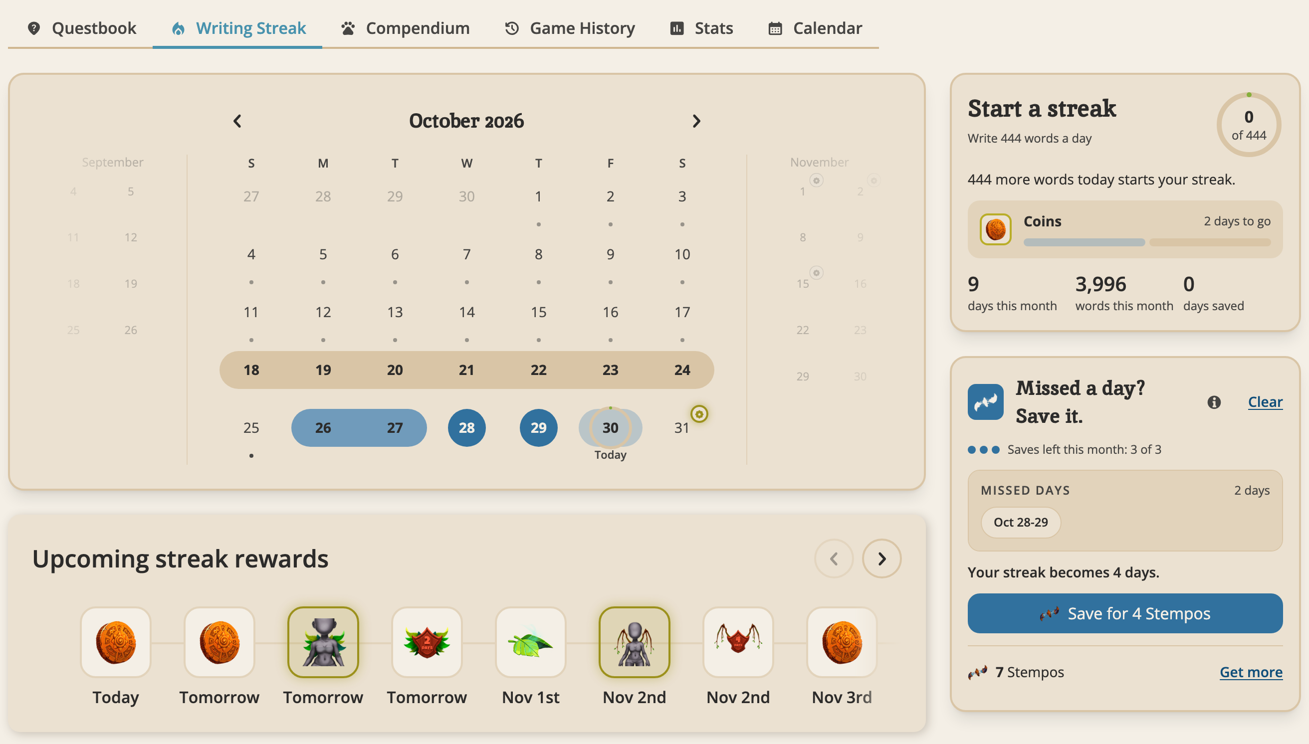 The streak page on the Free plan with two missed days picked and the save card showing Save for 4 Stempos