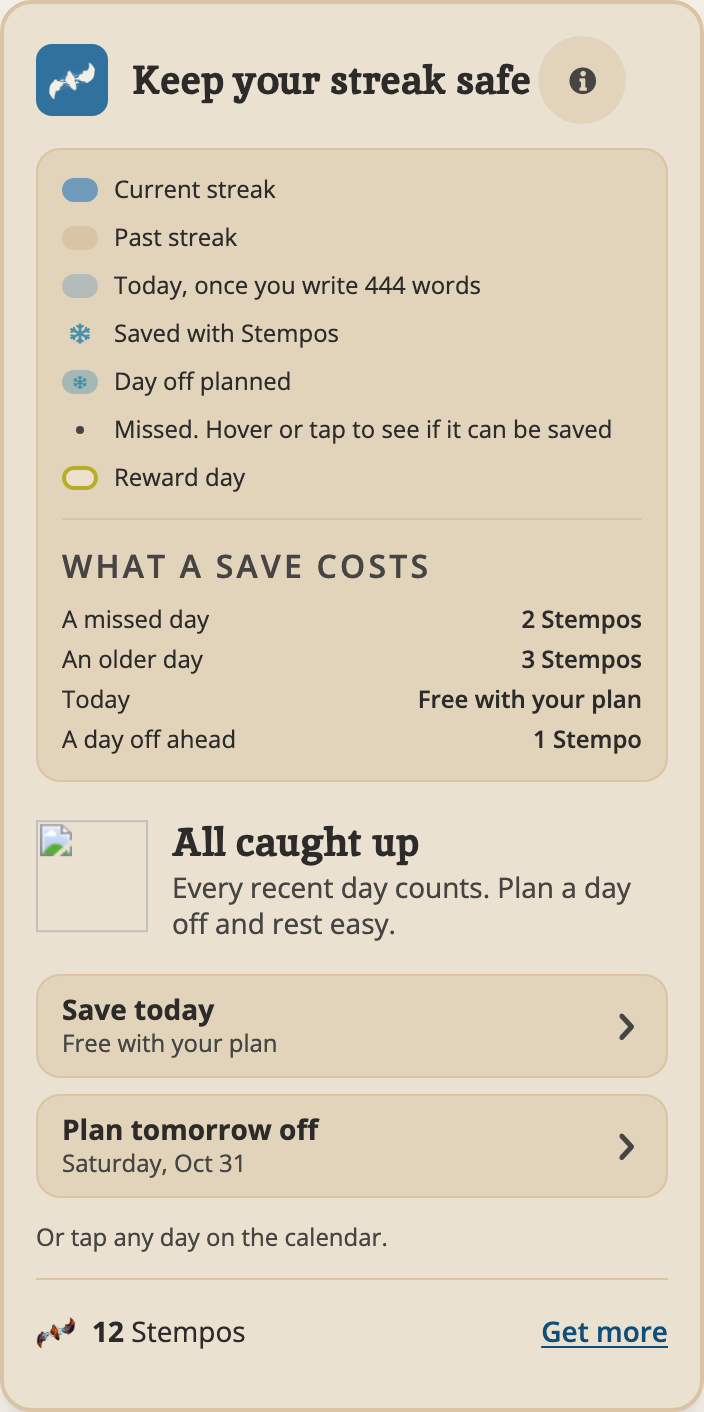 The calendar key and What a save costs list: a missed day, an older day, today and a day off ahead