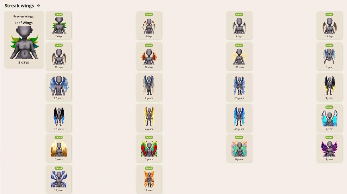 Every set of Streak Wings from 2 days to 11 years, with an Earned badge on the ones you own