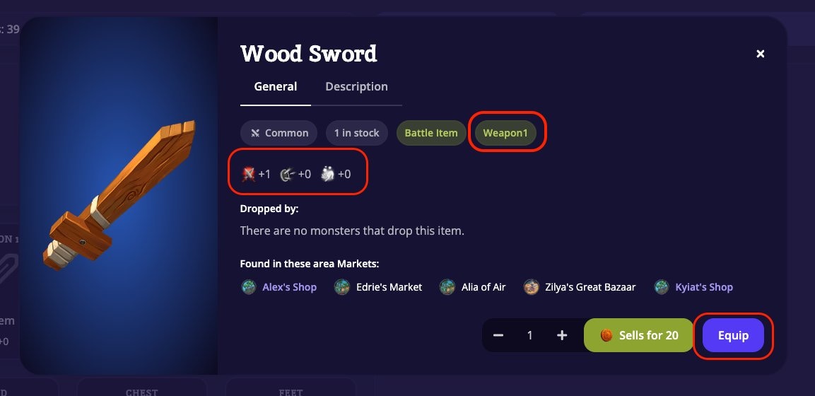 Item info window for Wood Sword showing Common rarity, Weapon1 slot, stat boosts (+1 Attack, +0 Defense, +0 Luck), available markets, sell price, and Equip button