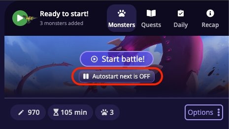 The Battle List header showing Start battle button and Autostart next is OFF toggle highlighted
