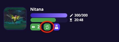 Active battle HUD showing the green loop/repeat button highlighted on the battle controls