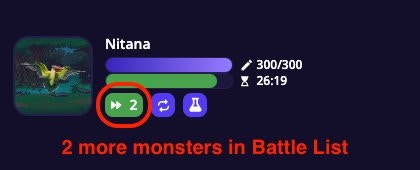 Active battle HUD for Nitana showing a fast-forward button with the number 2 indicating 2 more monsters in the Battle List