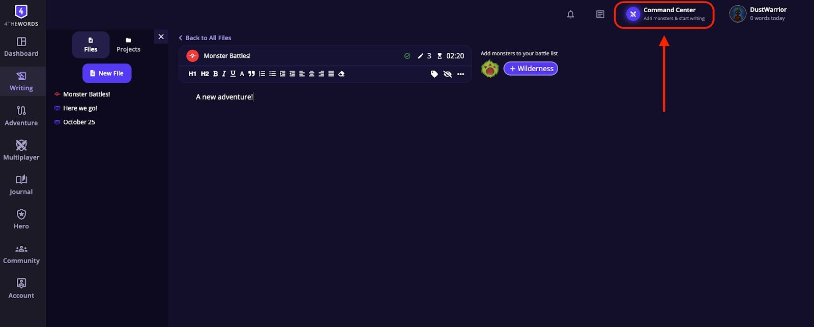 The writing editor with an arrow pointing to the Command Center button in the top navigation bar
