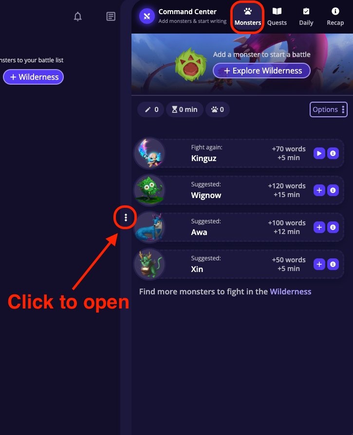The Command Center panel open showing the Monsters tab with suggested monsters, word counts, time limits, and add buttons
