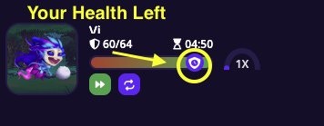 Endurance battle HUD showing the monster Vi with defense at 60/64 and the shield icon highlighted, displaying 1X reward multiplier