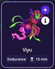 An Endurance monster card for Viyu showing the Endurance badge and 15 minute timer