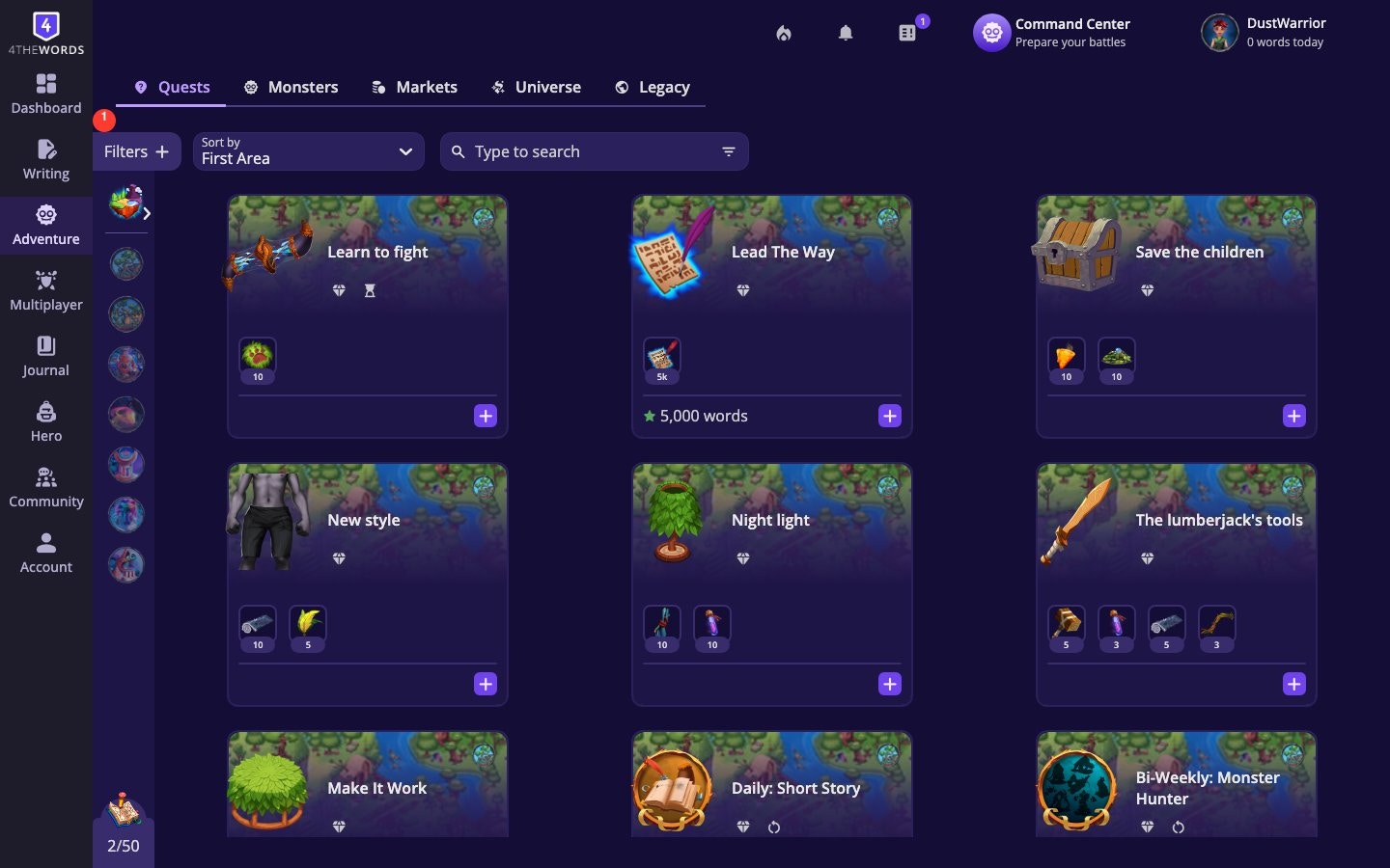 The Quests tab in Adventure showing quest cards with rewards, word counts, and add buttons