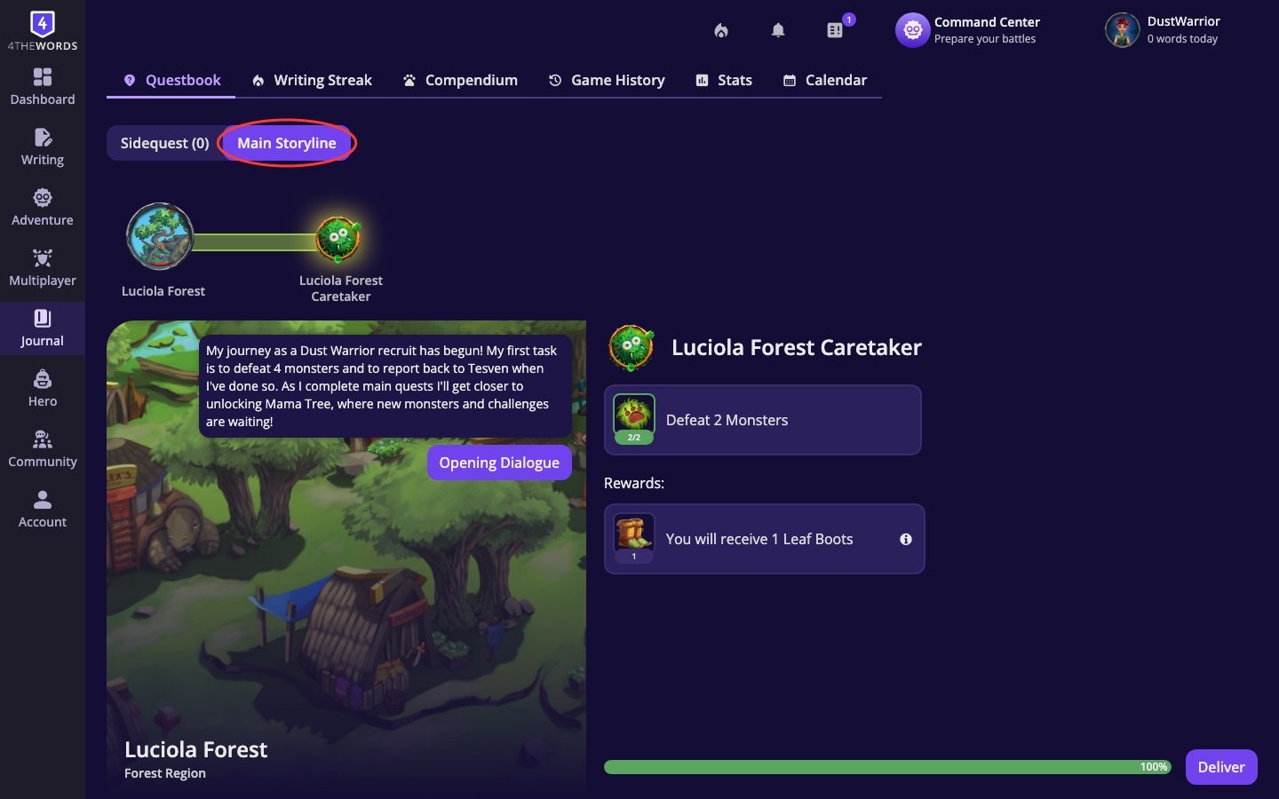 The Main Storyline tab showing the visual quest timeline with area progression from Luciola Forest