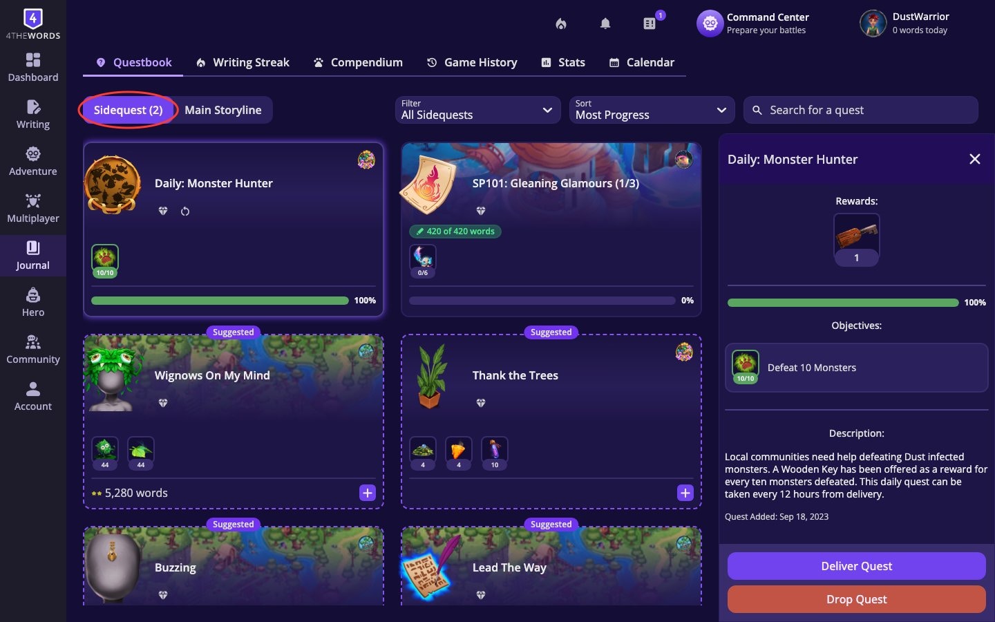 The Questbook showing active sidequests with progress bars and a quest detail panel on the right