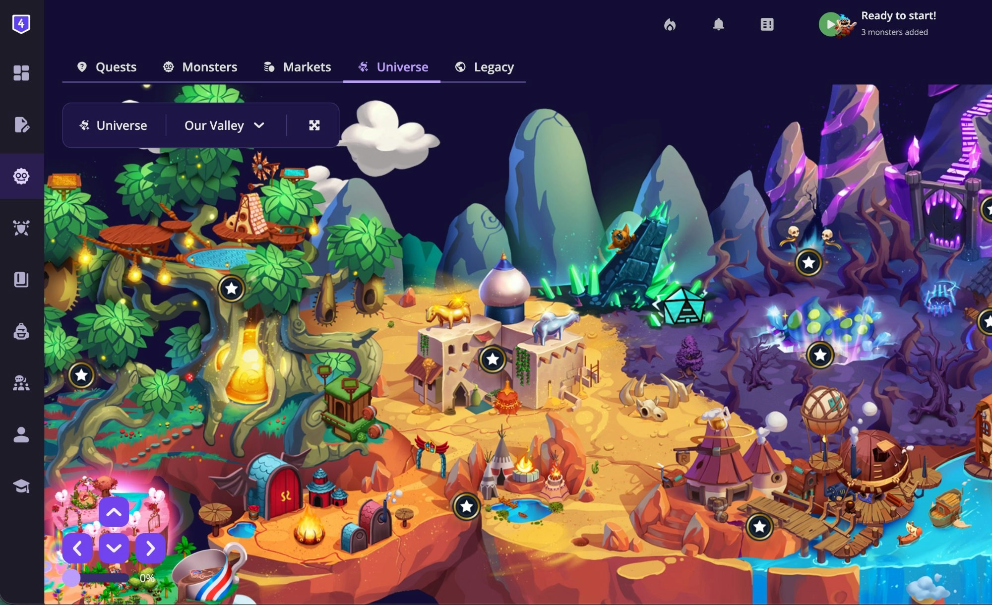 The Universe tab showing the full Our Valley world map with area nodes and navigation tabs