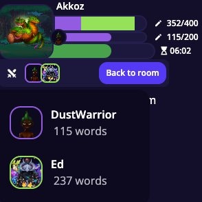 Active co-op battle HUD showing monster Akkoz with shared health bar at 352/400, time remaining 06:02, and each player's individual word contribution listed below