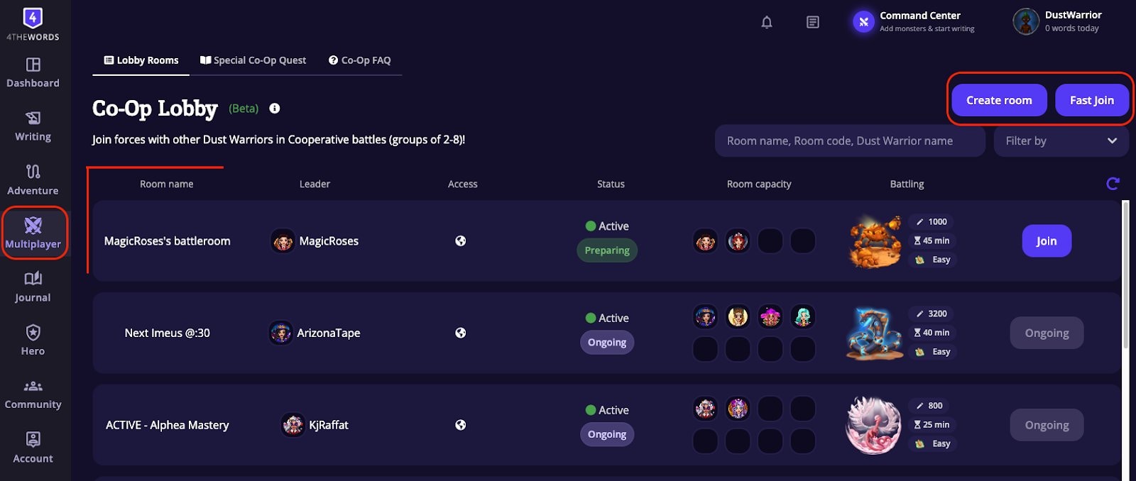 The Co-Op Lobby accessed from Multiplayer in the left sidebar, showing active rooms with room name, leader, status, capacity, monster, and Join/Ongoing buttons, plus Create room and Fast Join at top right