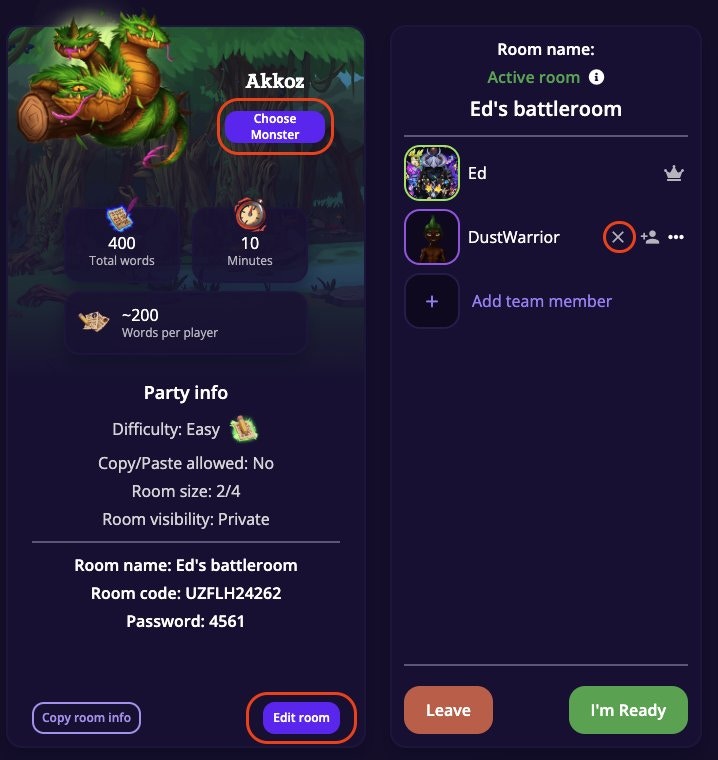 Inside a co-op battle room showing the monster Akkoz with Choose Monster button, Party info with difficulty and room code, team member list with Add team member, and I'm Ready and Edit room buttons