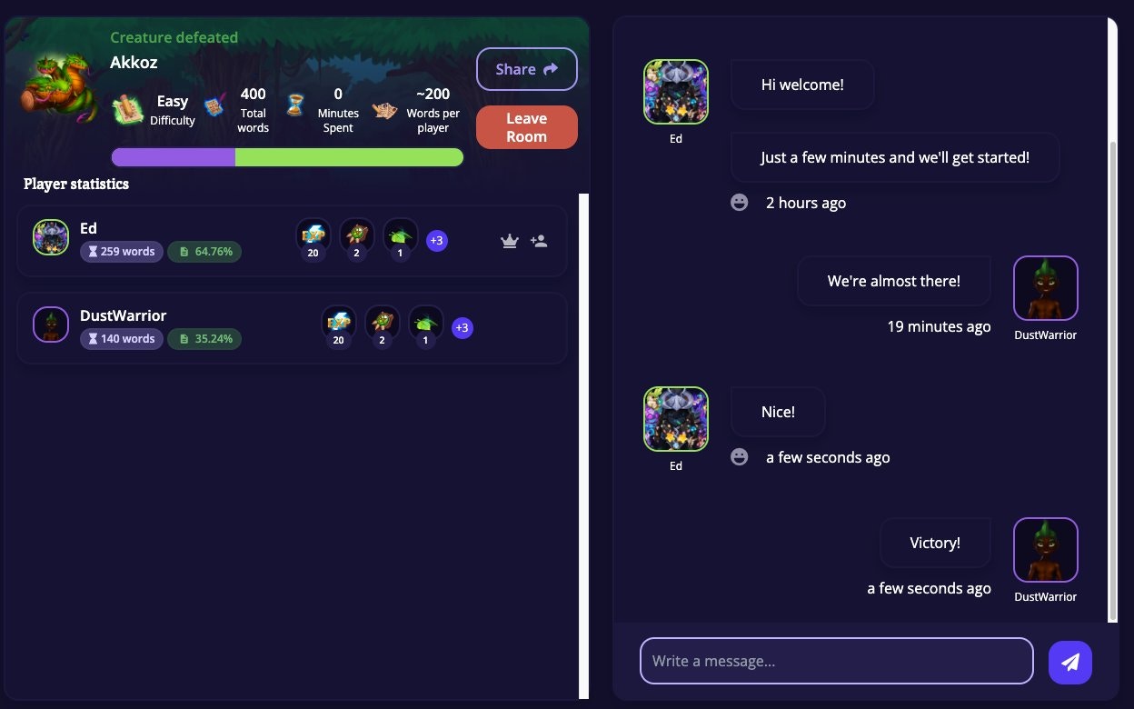 Co-op victory screen showing Creature defeated banner, player statistics with word counts and loot drops for each player, and the room chat with victory messages