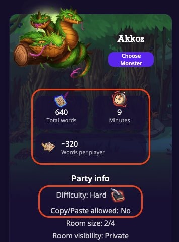 Battle room showing Hard difficulty selected with scaled stats: 640 total words, 9 minutes, ~320 words per player for a 2-person team