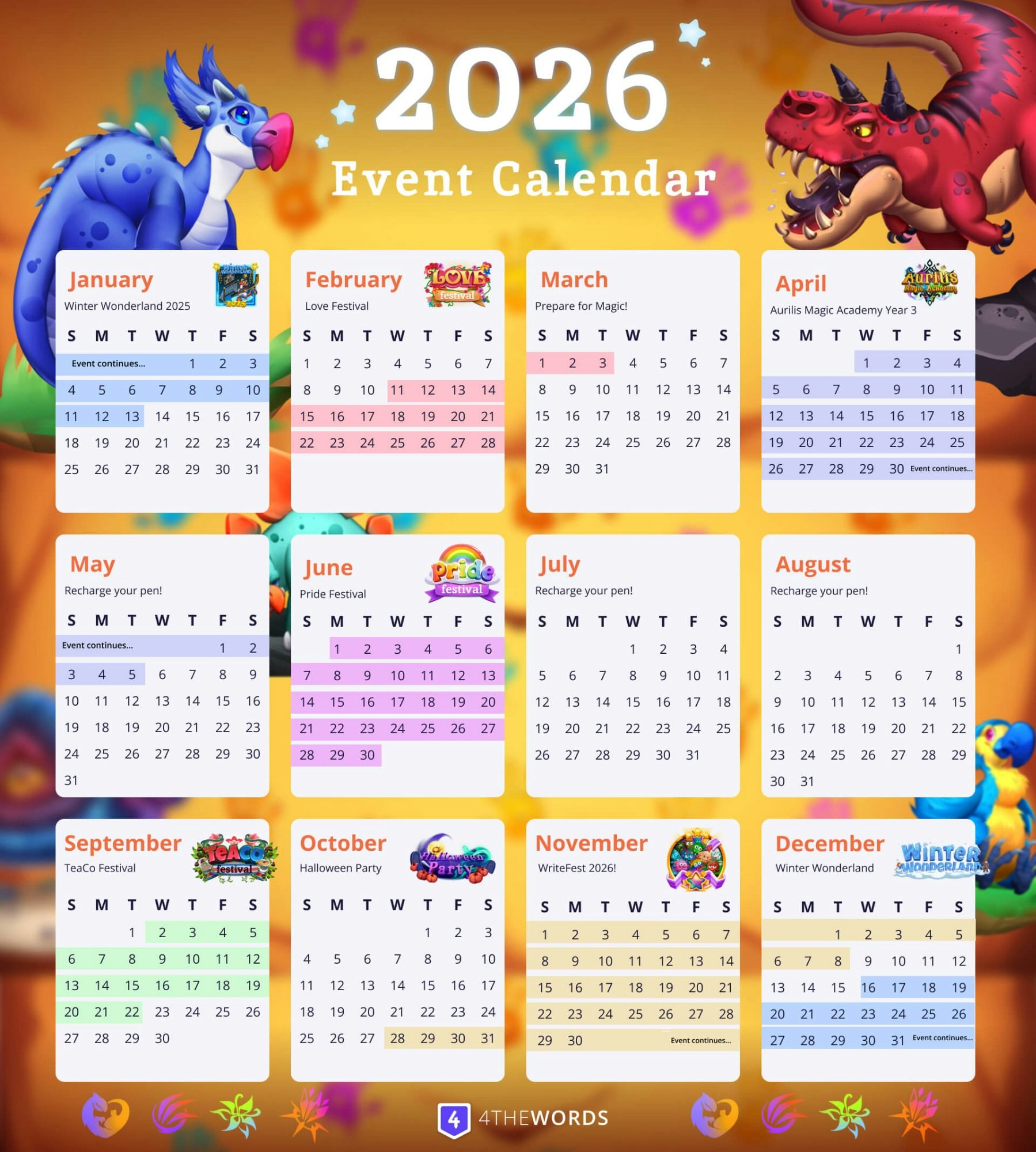 The 2026 Special Events Calendar showing all scheduled events by month