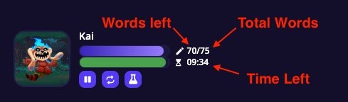Active solo battle HUD showing the monster Kai with words left (70/75), time remaining (09:34), health bars, and battle action buttons