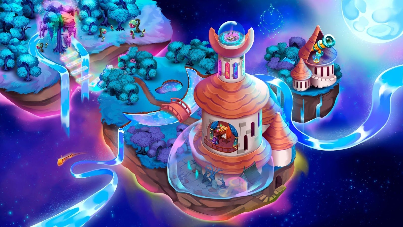 The Aurilis Magic Academy world map showing the Assembly Hall, Enchanted Forest, Academy Library, Observatory, and Spells Dungeon