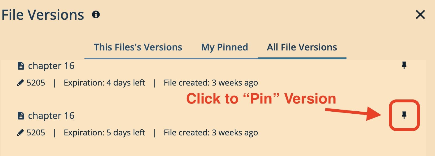 File Versions list showing two versions of chapter 16 with the pin icon highlighted and an annotation reading Click to Pin Version