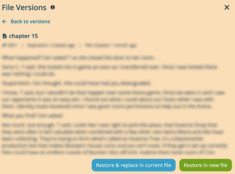 A version preview showing the read-only content of chapter 15 with two buttons at the bottom: Restore and replace in current file, and Restore in new file