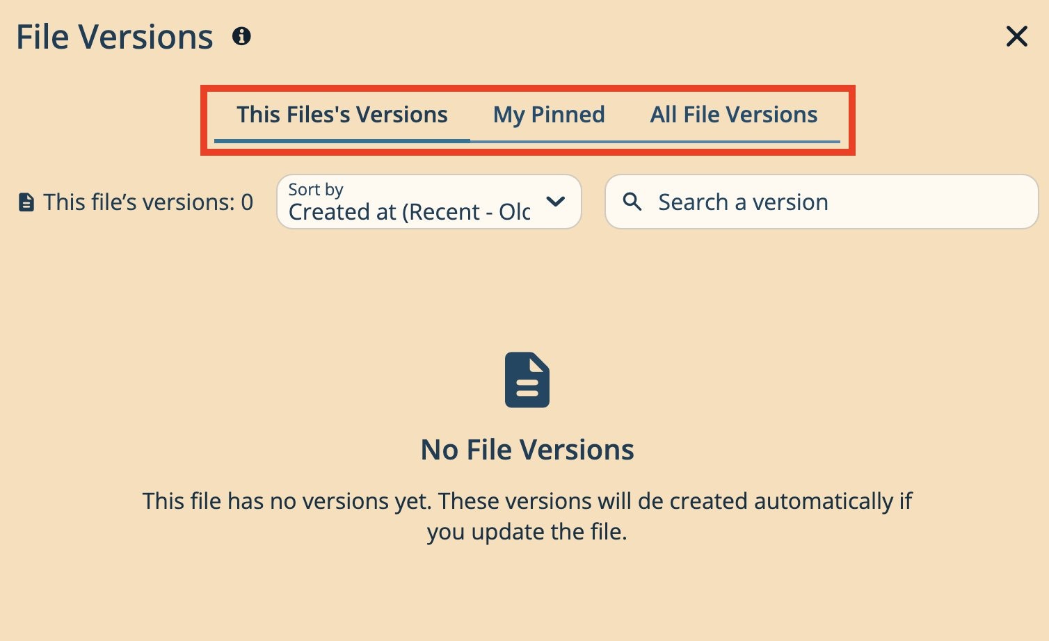 The File Versions modal showing three tabs highlighted: This File's Versions, My Pinned, and All File Versions, with sort and search controls and a No File Versions empty state