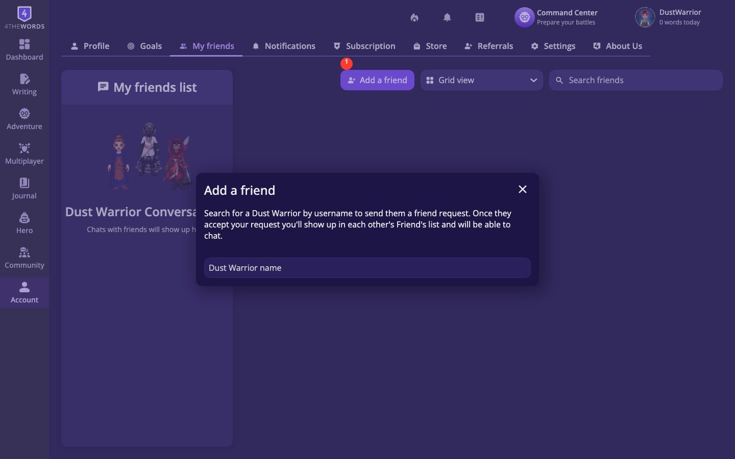 The Add a Friend dialog with username search field