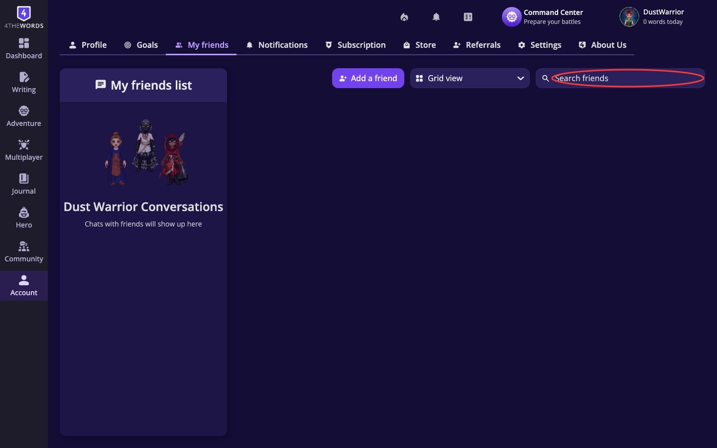The My Friends list showing friend characters, search bar, and Add a Friend button
