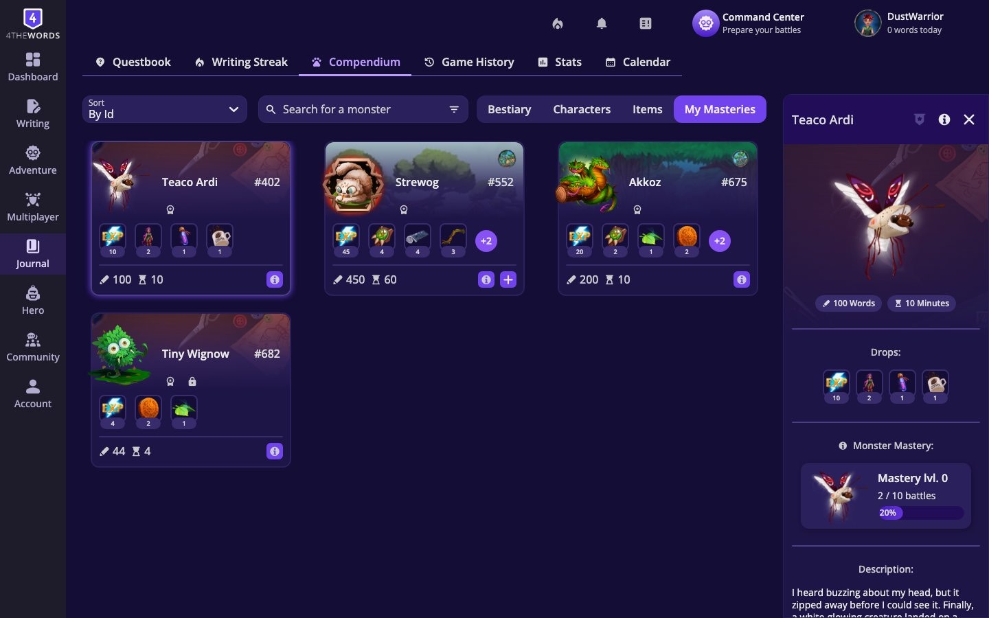 Monster detail panel showing mastery level, battles to next level, drops, and progress bar