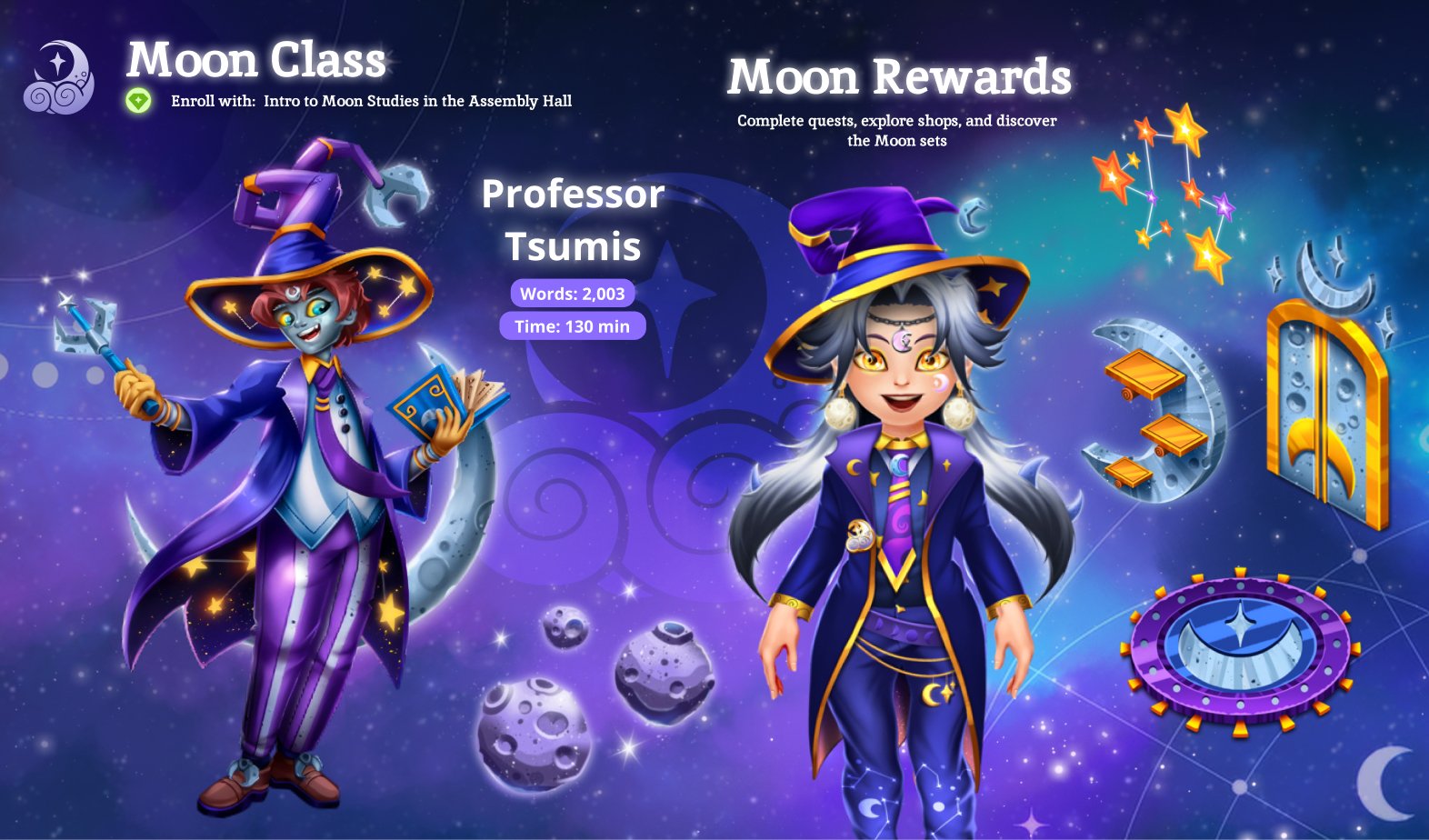 Moon Studies professor showcase and Moon Rewards: wardrobe sets and hideout decorations unlocked through quests and shops