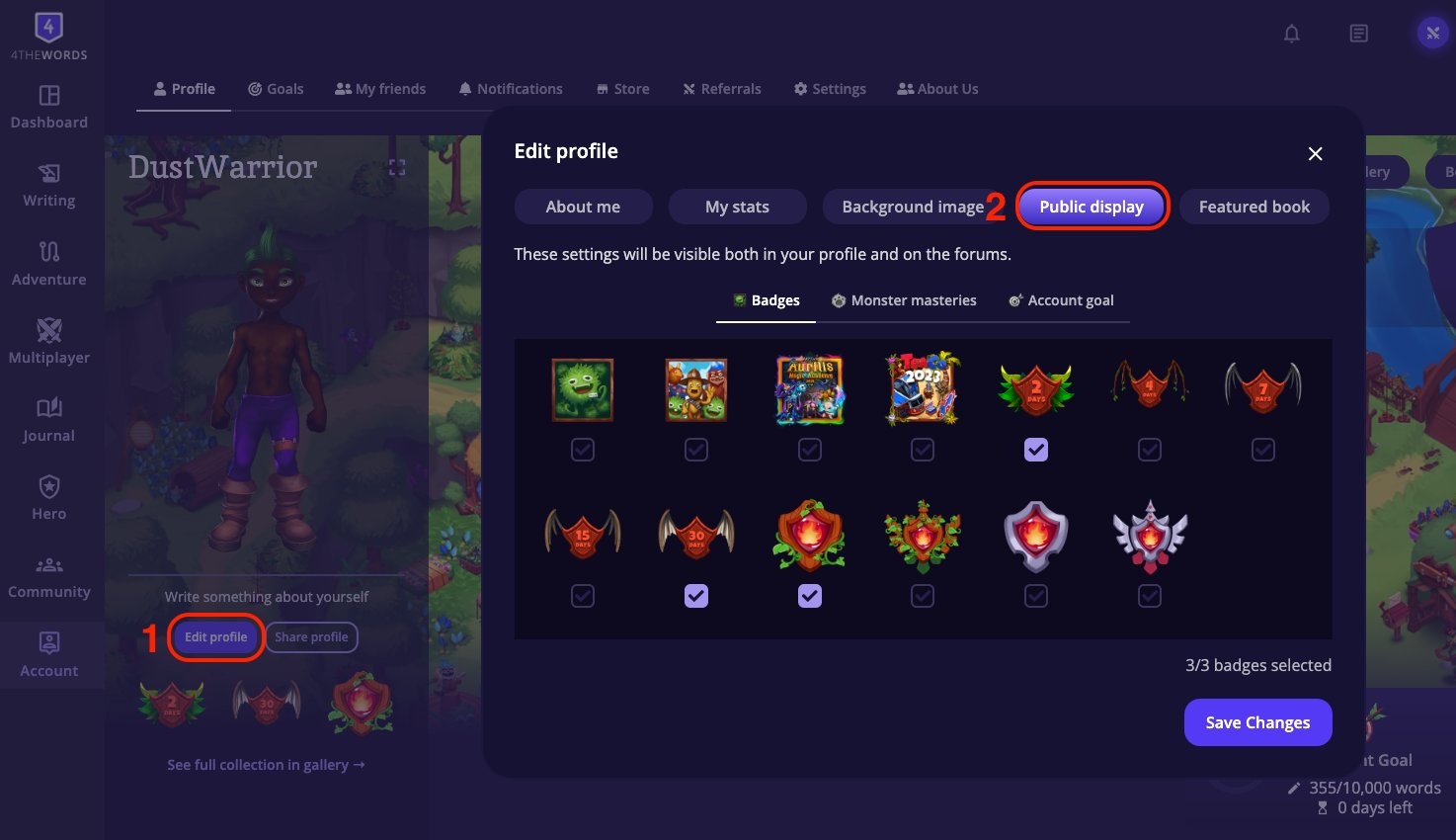 Edit Profile dialog showing the Public Display tab with selectable badges including streak, mastery, and event badges