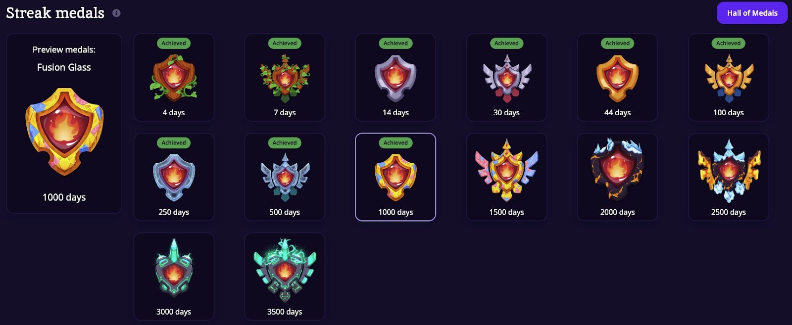 All Streak Medals from 4 days to 3,500 days: showing every medal tier and Achieved badges