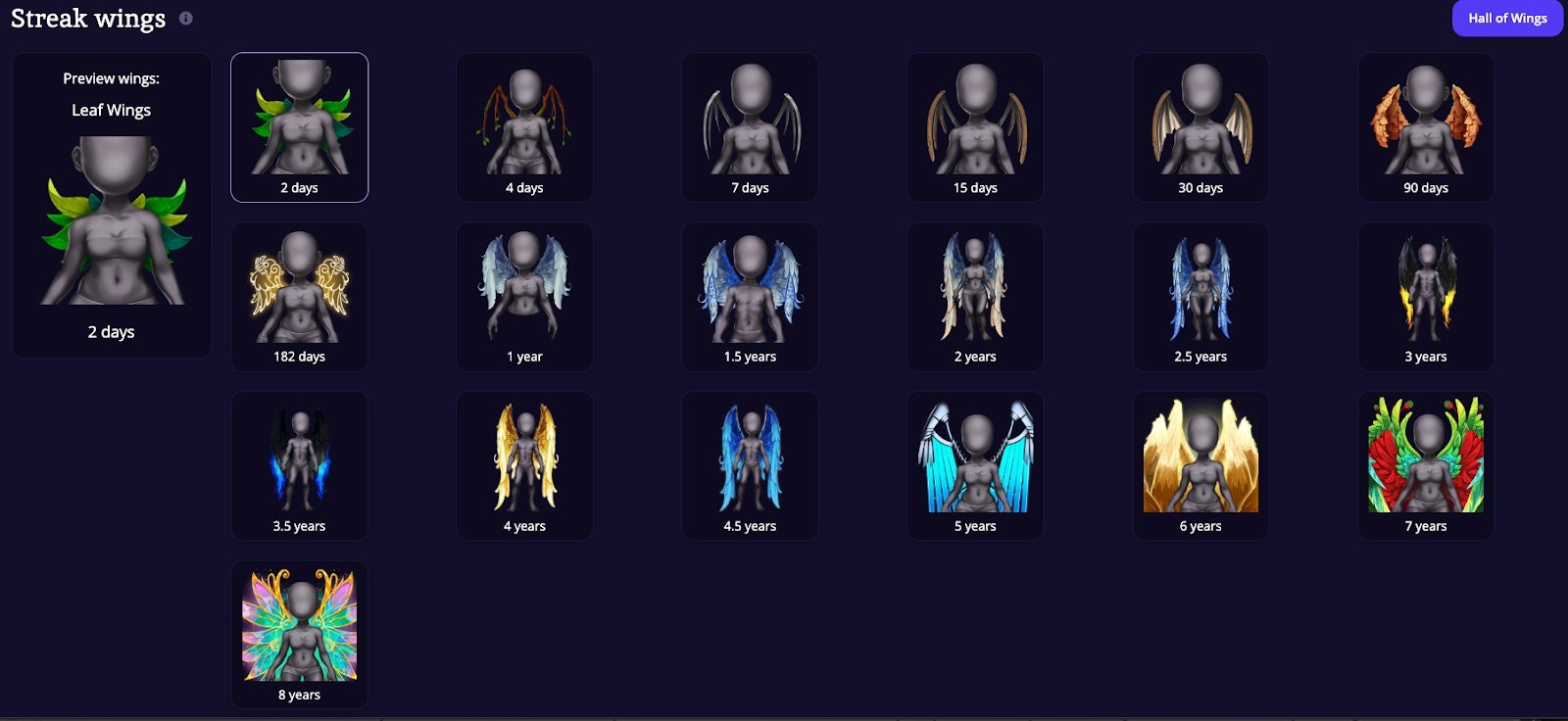 All Streak Wings from 2 days to 8 years: showing every wing tier and style progression