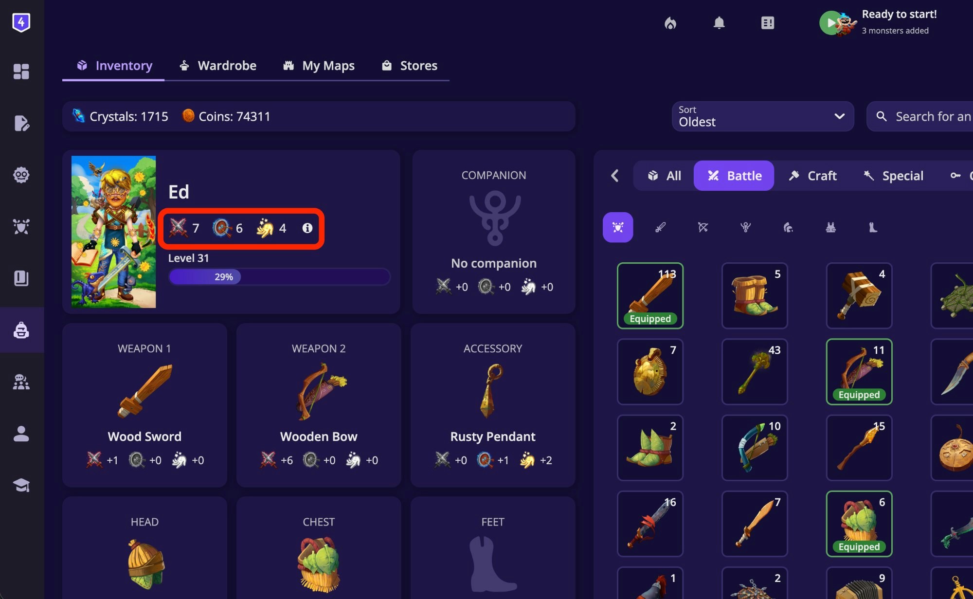 Hero inventory screen showing character Ed at Level 31 with Attack 7, Defense 6, and Luck 4 displayed on the hero card, along with equipped weapons, accessory, and companion slot