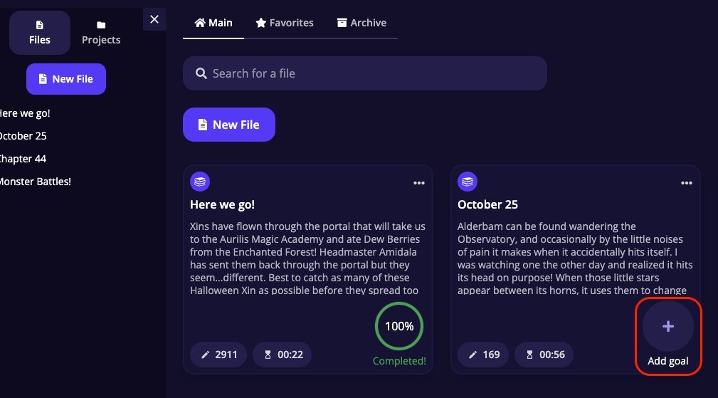 File cards in the Writing view with Add goal buttons on each file