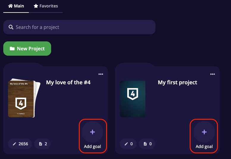 Project cards with Add goal buttons highlighted on each project