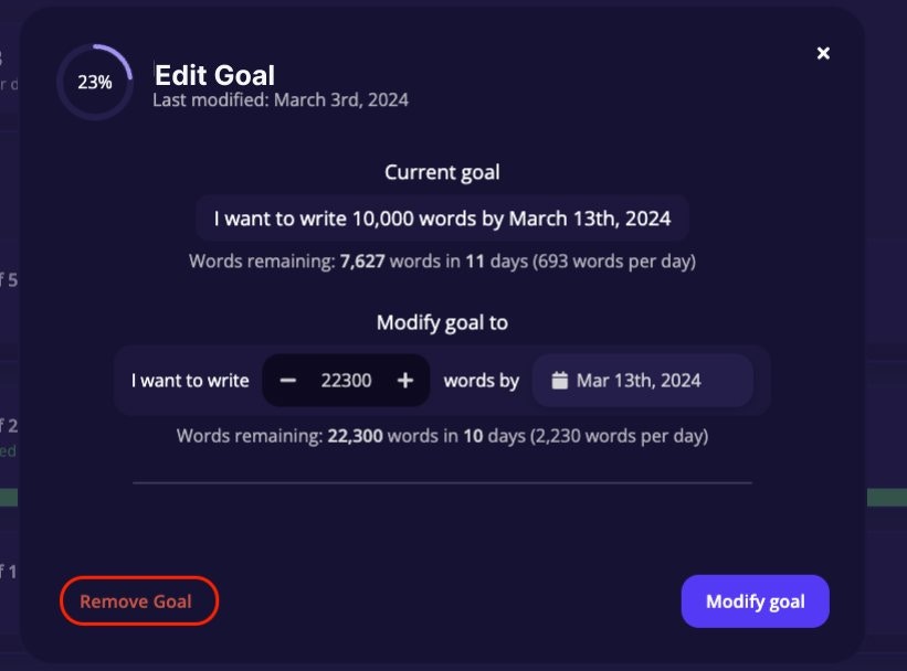 Edit Goal dialog showing current goal, modify fields, and a Remove Goal button in the bottom left corner