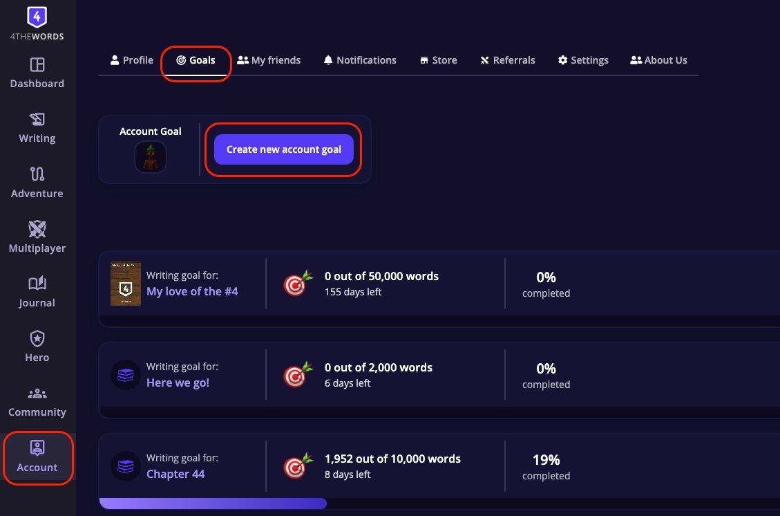 Goal list showing linked files, word counts, days remaining, completion percentages, and progress bars