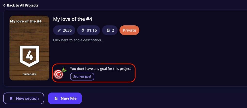 Project detail page showing You don't have any goal for this project with a Set new goal button