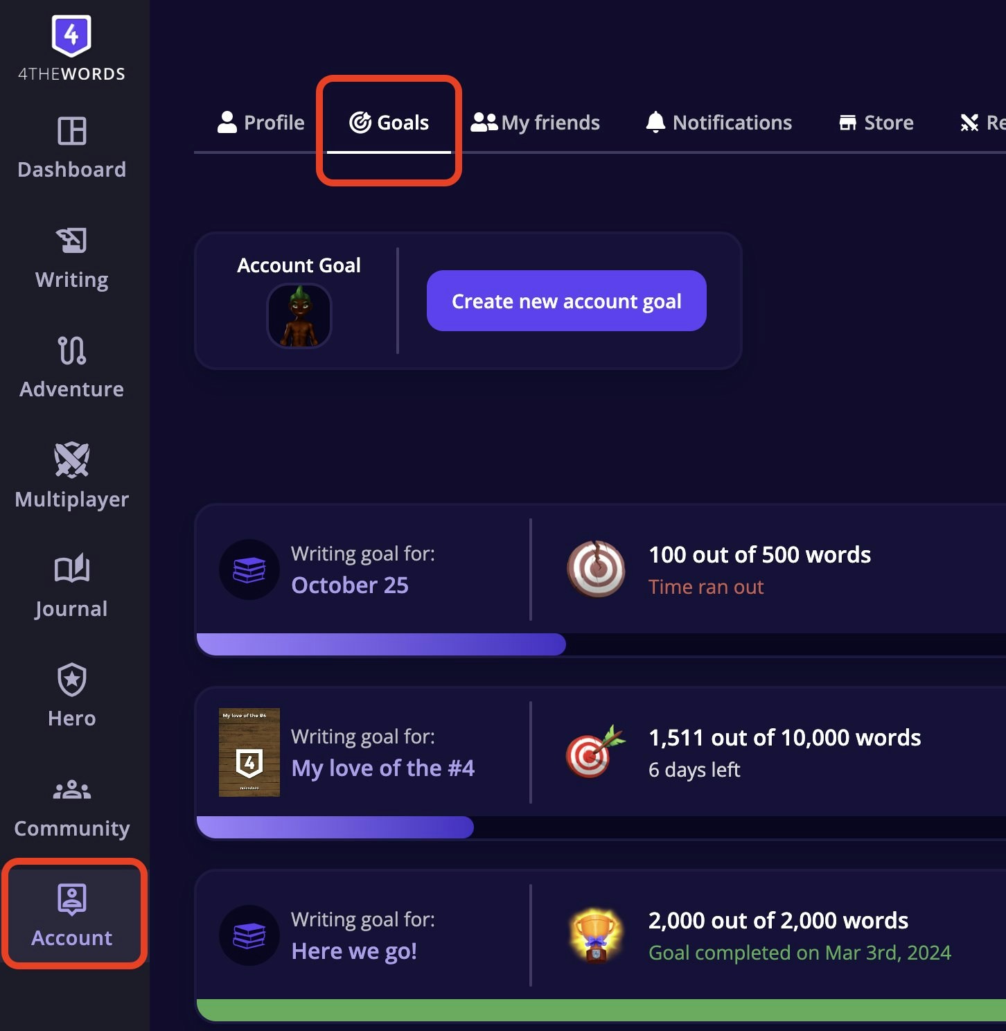 The Goals page accessed from Account in the left sidebar, showing the Goals tab, Account Goal section, and goal list with progress bars and statuses